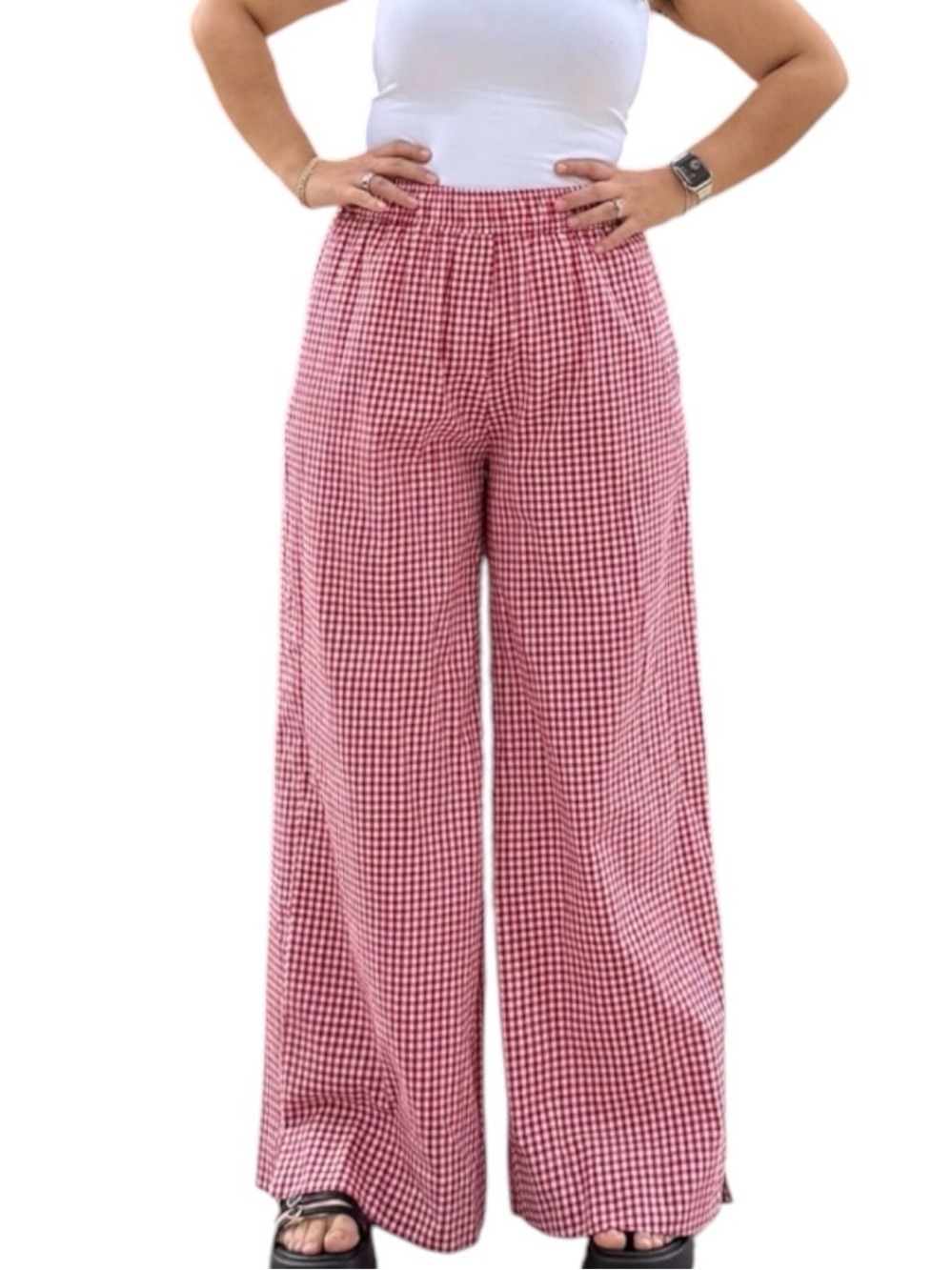 Shiny By Nature Wide-Leg Gingham Picnic Pants Size 4X Cotton Classic Prep Red